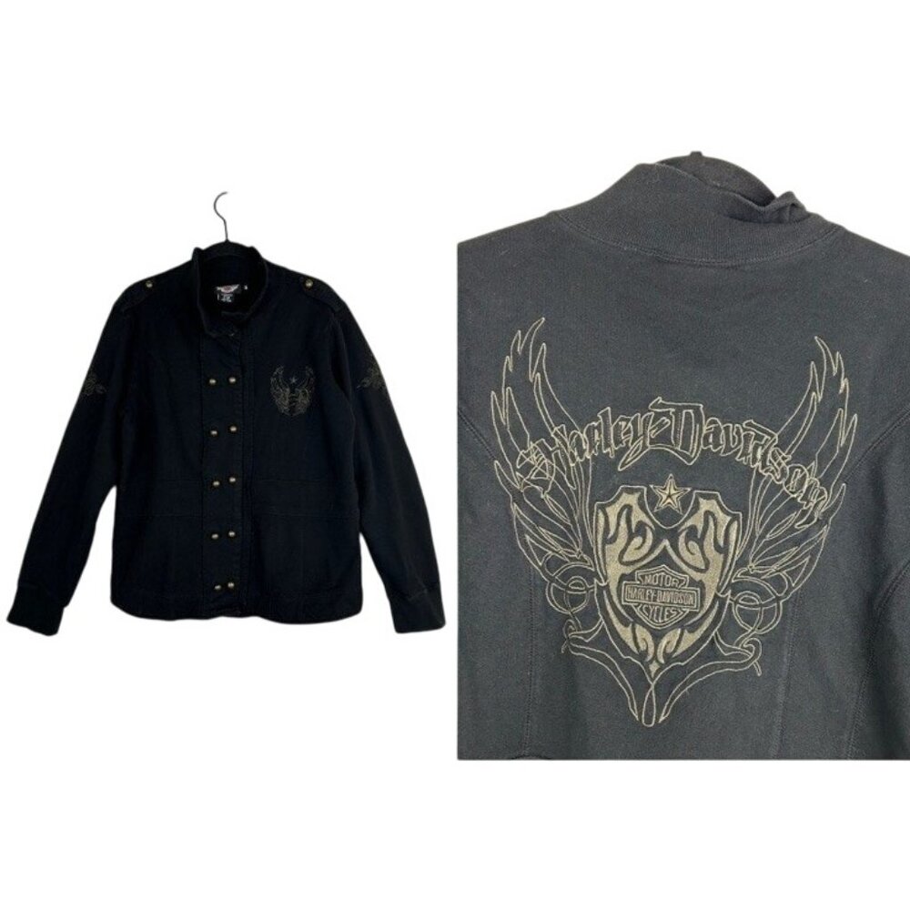 Harley Davidson Womens Size XL Black Embroidered Military Style Jacket